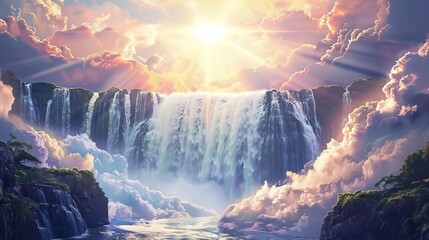 majestic waterfall landscape with sun in sky heavenly light bible verse illustration