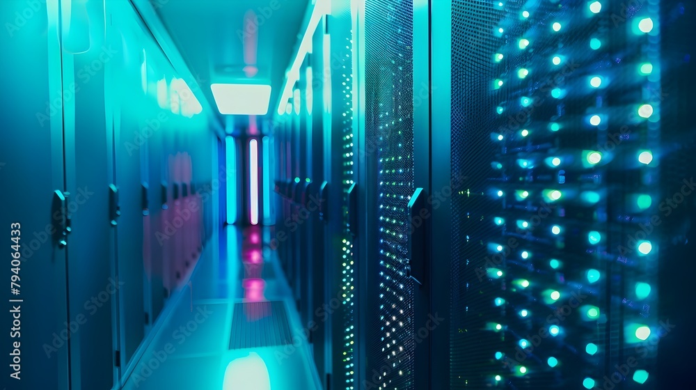Poster secure data storage infrastructure: high-tech server room with blue and green led lights