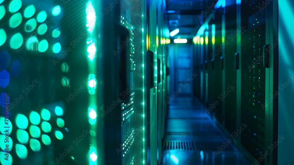 Poster secure data storage infrastructure: high-tech server room with led lights