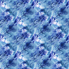 Seamless tie-dye pattern of indigo color on white silk.