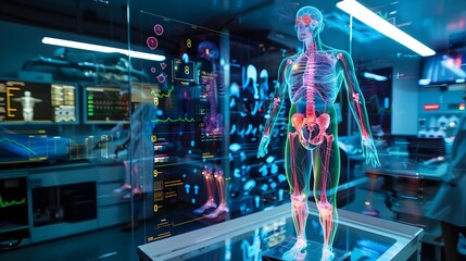 Futuristic Full-Body Scan with Glowing Anatomical Model: A Leap in Precision Diagnosis