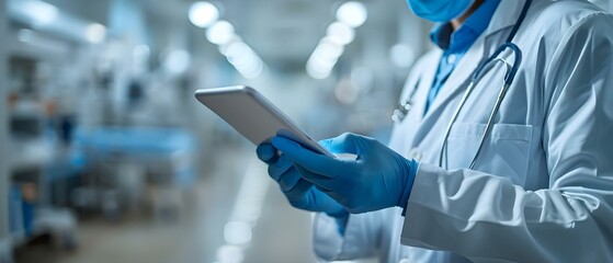 Healthcare worker uses digital technology for patient care in sterile hospital setting. Concept Healthcare Technology, Patient Care, Digital Tools, Sterile Environment, Hospital Setting