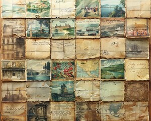 Vintage postcards, wide spread, faded ink for a nostalgic travel wallpaper