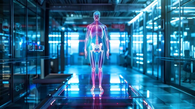 Futuristic Full-Body Scan: A Transparent Anatomical Model Highlighted with Glowing Colors
