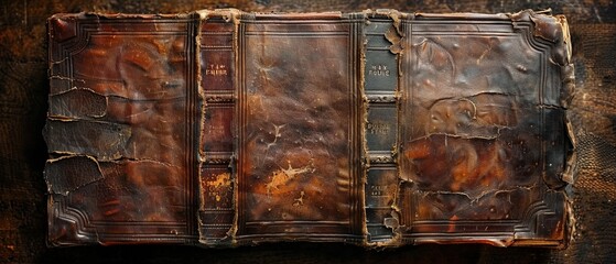 Worn leather book cover, wide angle, rich texture for a classic vintage background