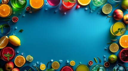 Brightly coloured fruit drinks encircle a central blue space, with fresh garnishes.