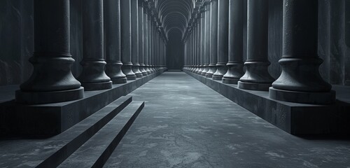 Dark and eerie corridor lined with large columns. - Powered by Adobe