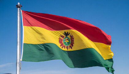 Die Fahne von Bolivien flattert im Wind, isoliert gegen blauer Himmel