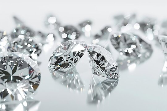 group of sparkling diamonds on white reflective background 3d render