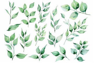 handdrawn watercolor illustration of green leaves and branches design elements for invitations and posters