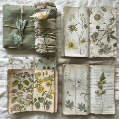 Faded botanical prints, wide layout, soft greens for a naturalists background