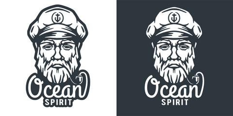Obraz premium Bearded ship captain with a pipe and peaked cap for marine nautical design