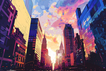 Sunset casting a glow on a vibrant, digital cityscape with skyscrapers - obrazy, fototapety, plakaty