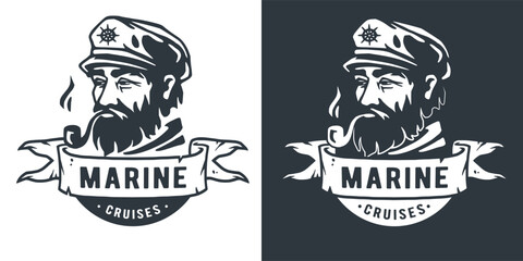 Fototapeta premium Nautical maritime emblem depicting a sea captain wearing a sailor hat and uniform, with a beard, navigating a ship at sea, in a marine-themed illustration