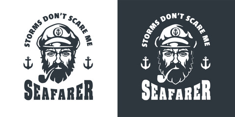 Illustrative monochrome emblems of a bearded sea captain wearing a sailor hat, surrounded by a nautical banner with the words sea life inscribed for maritime designs