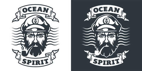 Black and white vector illustration of a nautical captain with a beard, wearing a sailor hat, encapsulated by an ocean spirit banner, representing a timeless maritime theme