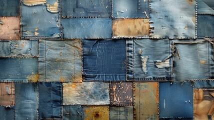 Faded denim patchwork, closeup, soft hues for a relaxed, vintage background