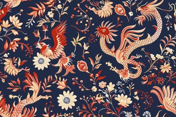 Seamless pattern with dancing dragon and phoenix.