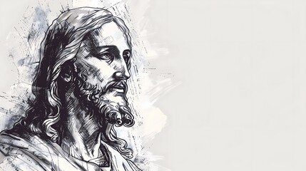 Obraz na płótnie Canvas Hand-Drawn Jesus: White Background, Ample Copy Space, Sketch of Religious Figure