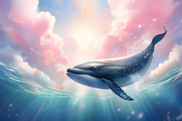 Whale playing in the waves at sunset, watercolor style. World Whale Day