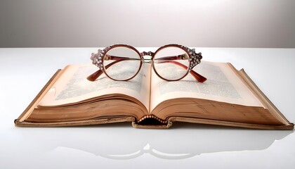 Old glasses on an open book with minimalist background