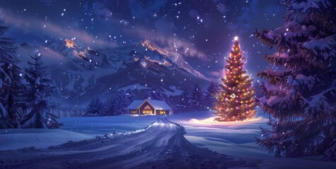 Naklejka premium Christmas tree with ornaments in the winter wonderland landscape, snow, night, decorated xmas tree - festive and lights, holiday and celebration 