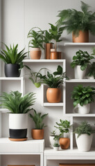 Flourishing Greenery in Pots on White Wall