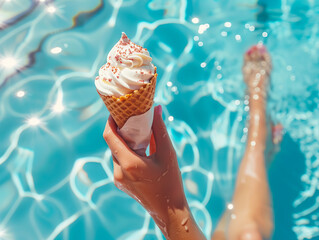 Close up female hand holding ice cream cone at swimming pool.Hello summer and relaxation concepts.refreshment with sweet taste.dessert flavour food.