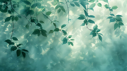 abstract background with a pastel blue sky and green leaf shadows. The artwork is in the style of leaves shadows