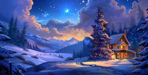 Christmas tree with ornaments in the winter wonderland landscape, snow, night, decorated xmas tree	- festive and lights, holiday and celebration
 - obrazy, fototapety, plakaty