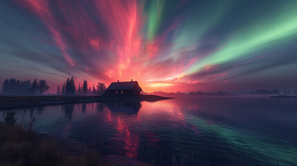 A house is in the foreground of a beautiful, colorful sky - obrazy, fototapety, plakaty