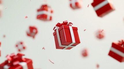 Red gift boxes with white ribbons floating in the air. Christmas and New Year. Holiday design