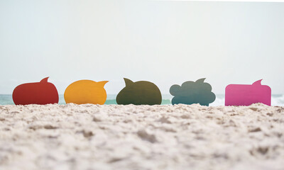 Speech bubble, beach and sand with communication, summer and blue sky, social media platform and...