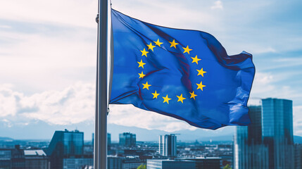 European flag against the background of city skyscrapers