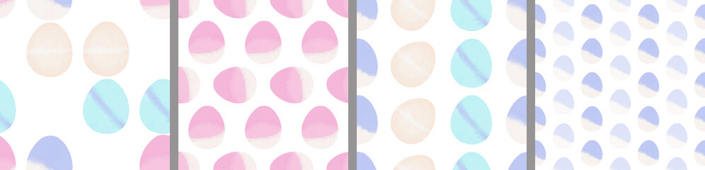 Watercolor set of seamless patterns. Collection of hand drawn pastel Easter eggs