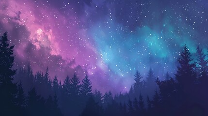 Starry sky with colorful aurora night sky forest