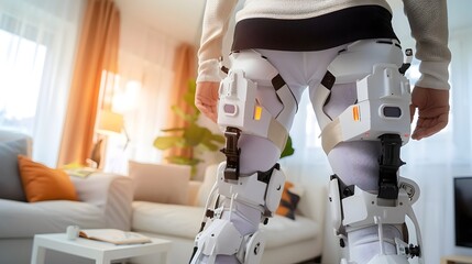 Embracing the Future of Bone Health: An Elderly Individual Rehabilitates with a Robotic Exoskeleton - obrazy, fototapety, plakaty