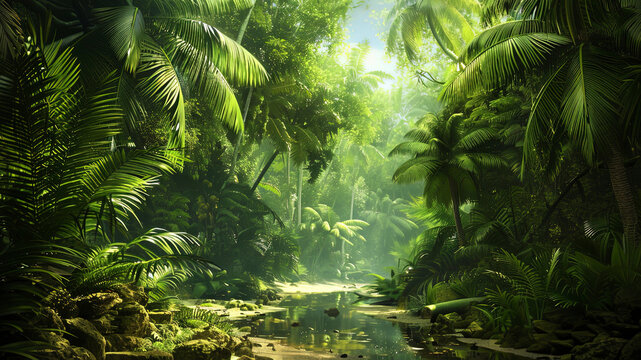panoramic view of the tropical jungle, tropical forest scenery, tropical green landscape