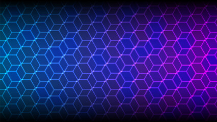 Dark gray and blue technology hexagonal vector background. Abstract blue bright energy flashes under a hexagon in a dark hi-tech futuristic modern vector background gaming honeycomb texture grid.