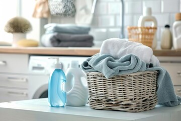laundry basket with folded towels and detergent bottles