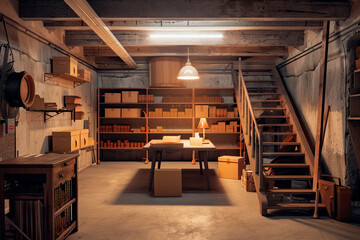 Basement room interior. House storage in cellar. Indoor warehouse with furniture and lamp light. Table, cardboard boxes and wooden staircase - 794072414