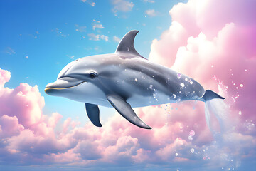 fabulous dolphin plays in the waves against the sky in pastel colors in a watercolor style. World Dolphin Day