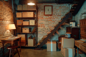 Basement room interior. House storage in cellar. Indoor warehouse with furniture and lamp light. Table, cardboard boxes and wooden staircase - 794072641