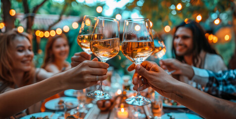 Friends toasting with white wine at an evening garden party