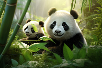 Panda bear family enjoying bamboo feast in the bamboo forest, showcasing the adorable black and white mammal in its natural habitat amidst lush bamboo forest. Wild Animals. Generative AI.