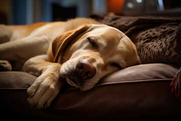 Image of cute labrador dog lying on sofa. Pet. Animals.
