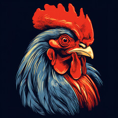Colorful rooster head on black background., Farm animals. Illustration, Generative AI.