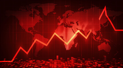 Red arrow graph drop arrow down with world map on red background. - obrazy, fototapety, plakaty