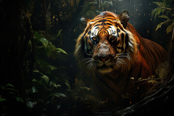 A large and formidable tiger in the deep forest. Wildlife Animals. Illustration, Generative AI.