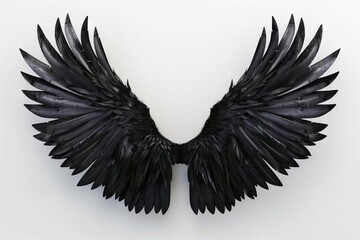 majestic black demon wings with intricate feather details on pristine white background realistic 3d render